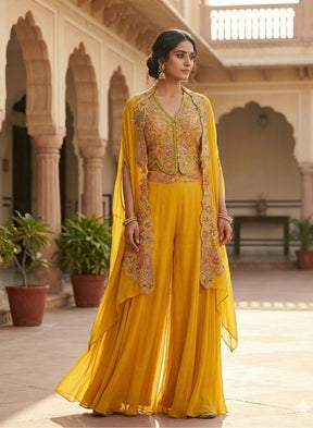 Yellow Embroidered Cape Palazzo Set