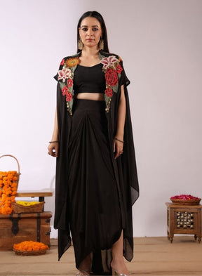 Black Floral Cape Skirt Set