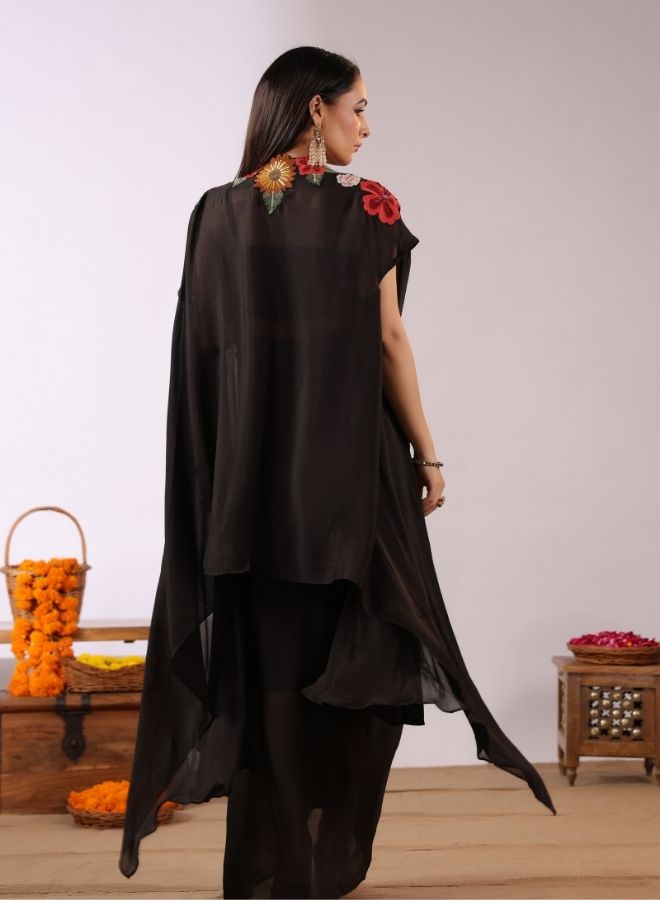 Black Floral Cape Skirt Set