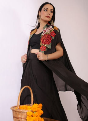 Black Floral Cape Skirt Set