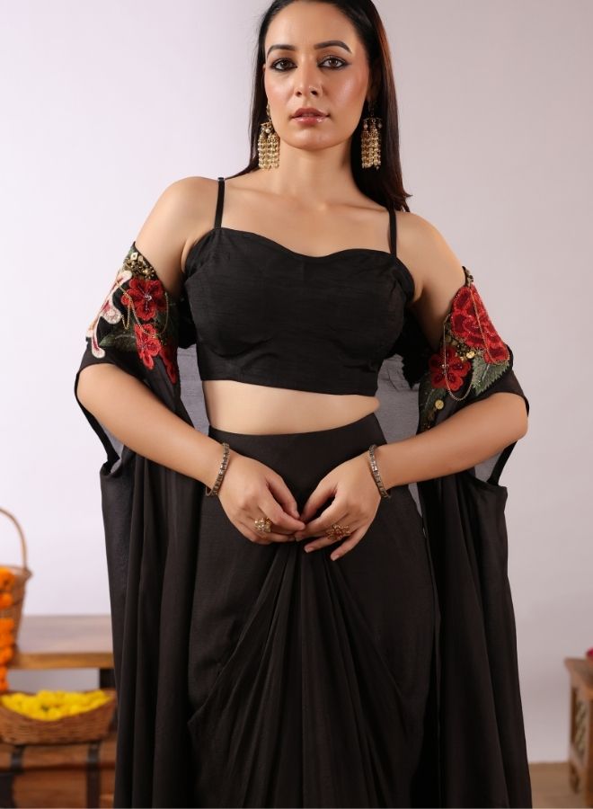 Black Floral Cape Skirt Set