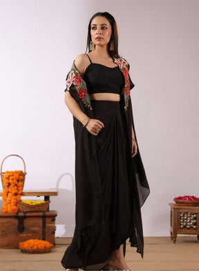 Black Floral Cape Skirt Set