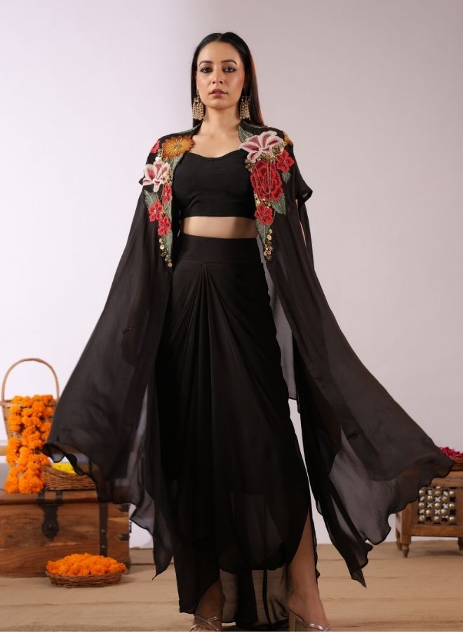 Black Floral Cape Skirt Set