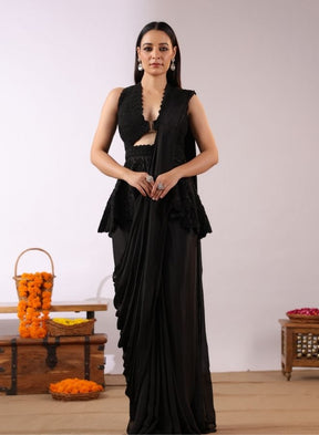 Contemporary Black Drape Saree with Peplum Blouse
