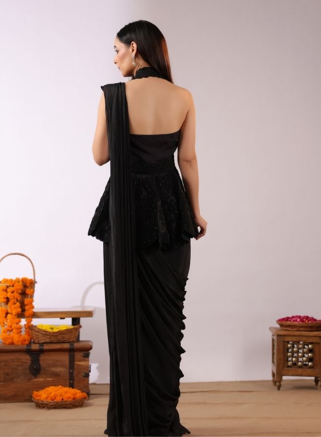 Contemporary Black Drape Saree with Peplum Blouse