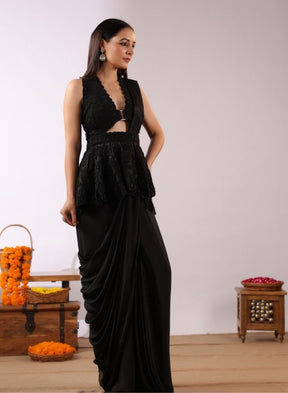 Contemporary Black Drape Saree with Peplum Blouse