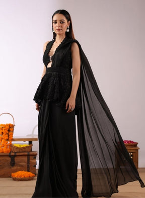 Contemporary Black Drape Saree with Peplum Blouse