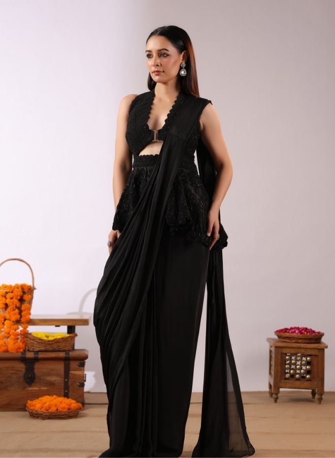 Contemporary Black Drape Saree with Peplum Blouse