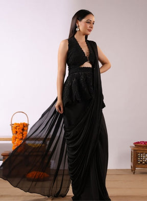 Contemporary Black Drape Saree with Peplum Blouse