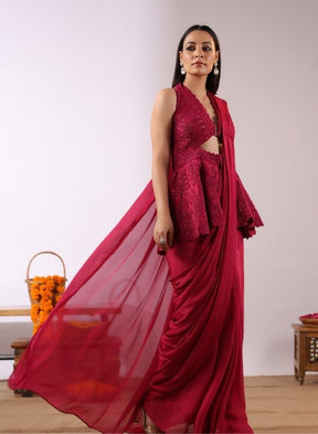 Red Peplum Drape Saree Set