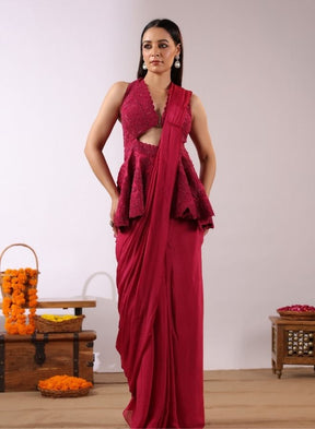 Red Peplum Drape Saree Set