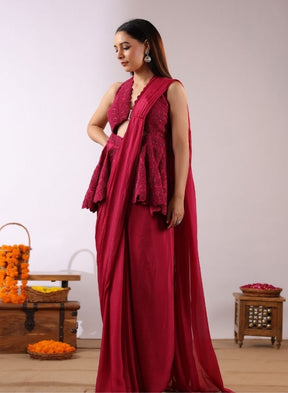 Red Peplum Drape Saree Set
