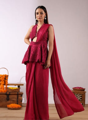 Red Peplum Drape Saree Set