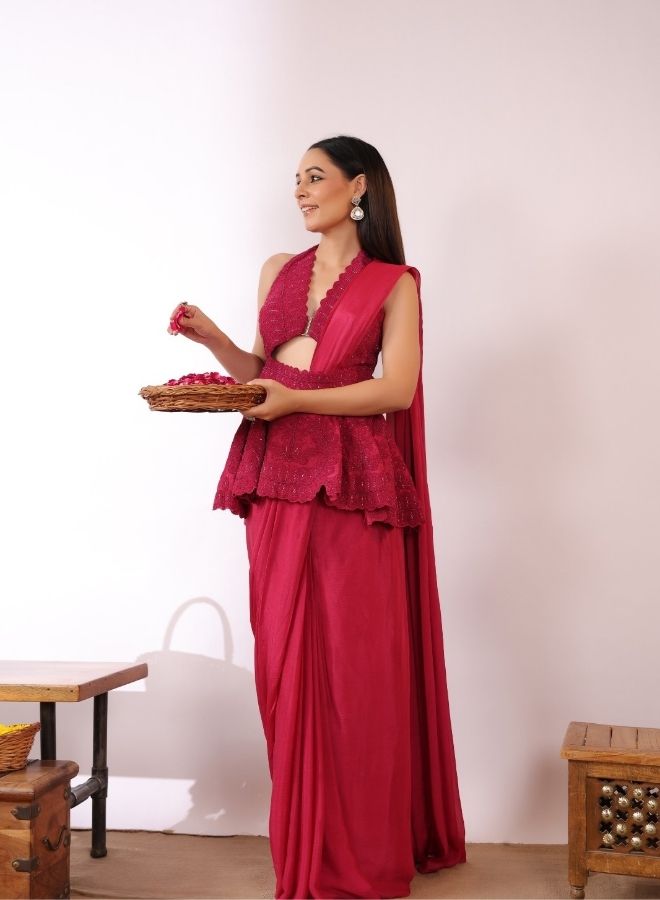 Red Peplum Drape Saree Set