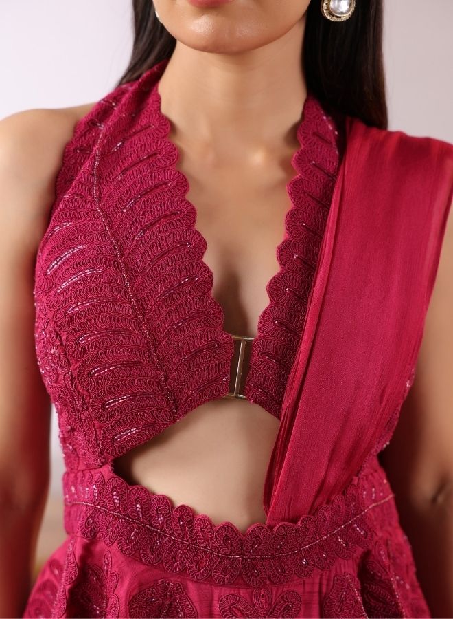 Red Peplum Drape Saree Set