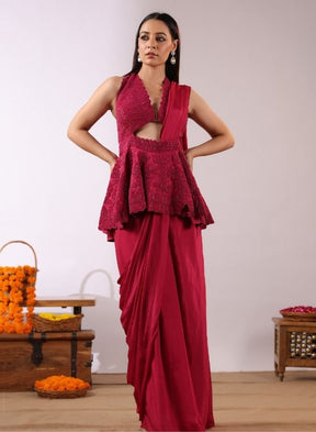 Red Peplum Drape Saree Set