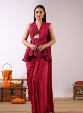 Red Peplum Drape Saree Set
