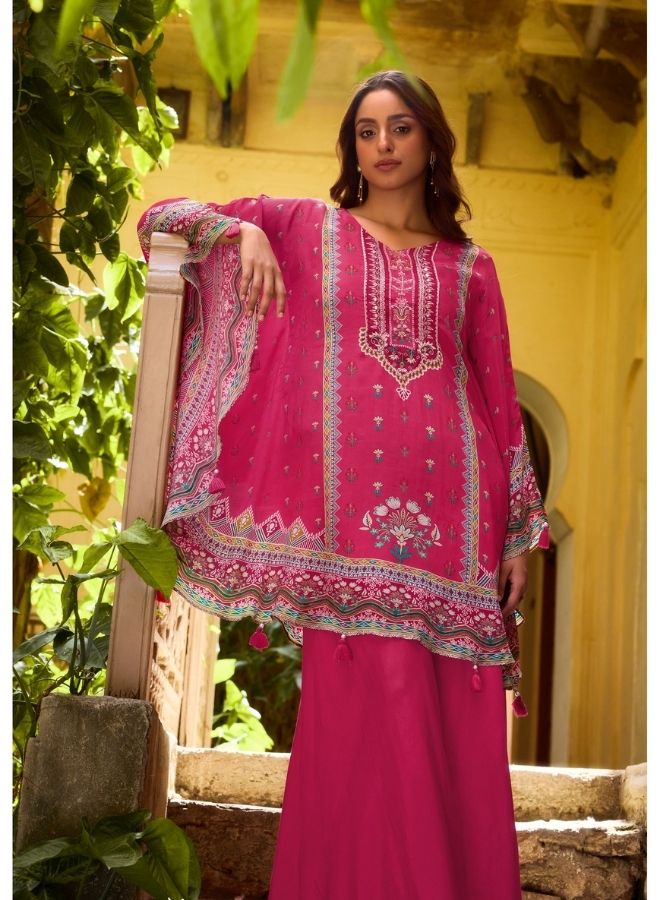 Vibrant Fuchsia Ethnic Wear Against Traditional Indian Architecture