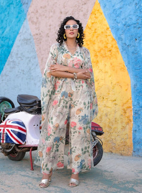 Cream Floral Print Three-Piece Set with Sheer Cape