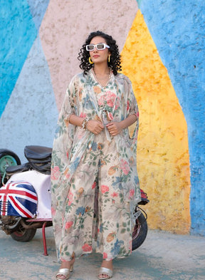 Cream Floral Print Three-Piece Set with Sheer Cape