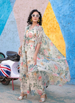Cream Floral Print Three-Piece Set with Sheer Cape