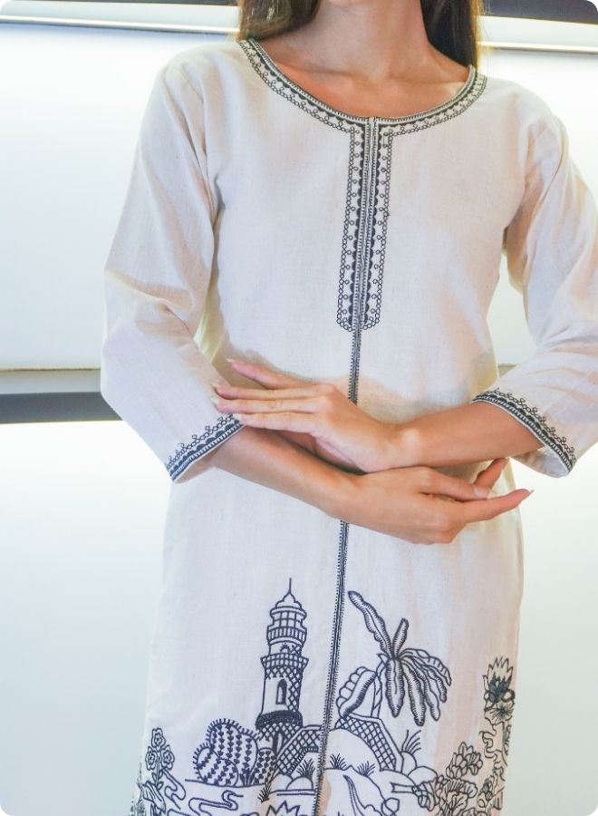 Off-White & Black Embroidered Co-Ord Set with Scenic Motif