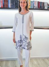 Off-White & Black Embroidered Co-Ord Set with Scenic Motif