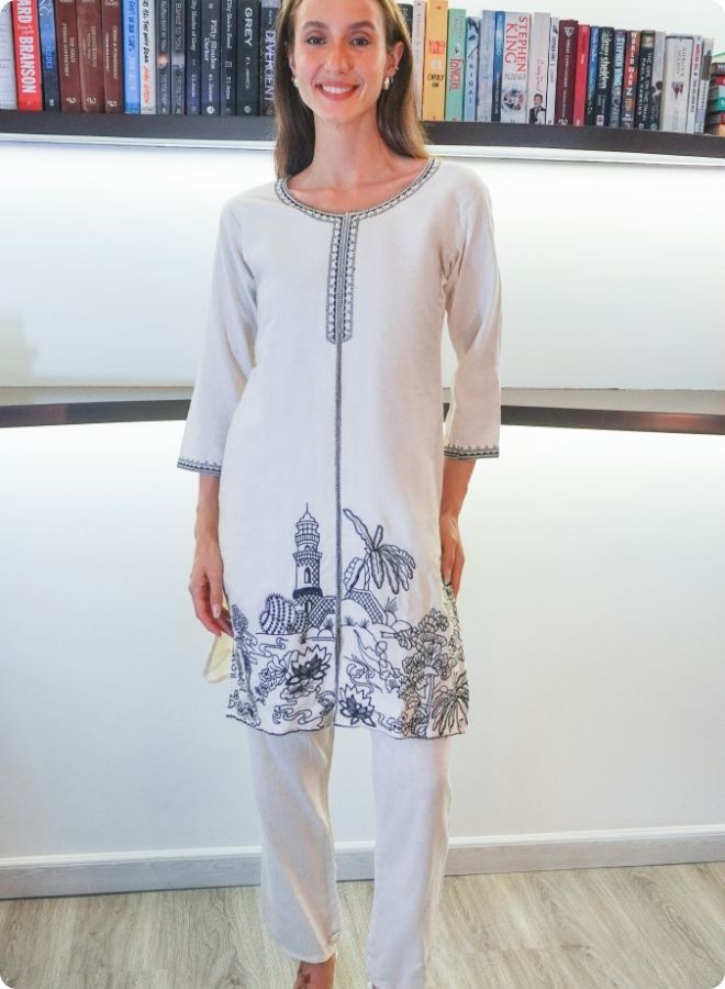 Off-White & Black Embroidered Co-Ord Set with Scenic Motif