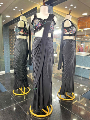 Black Embroidered Women Pre-Drape Sari