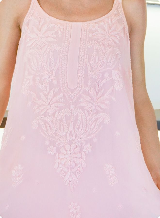 Light Peach Sleeveless Embroidered Kurti