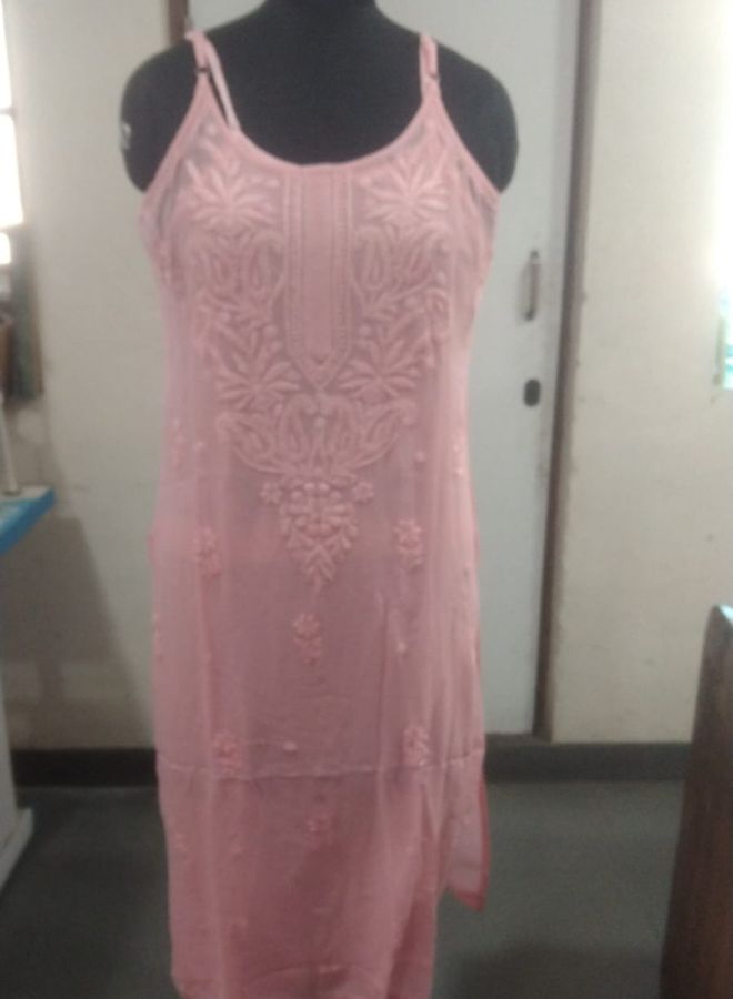 Light Peach Sleeveless Embroidered Kurti