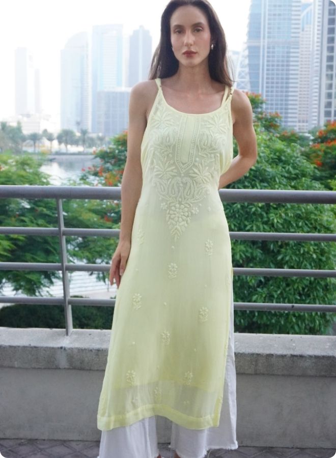Lemon Yellow Sleeveless Embroidered Kurti