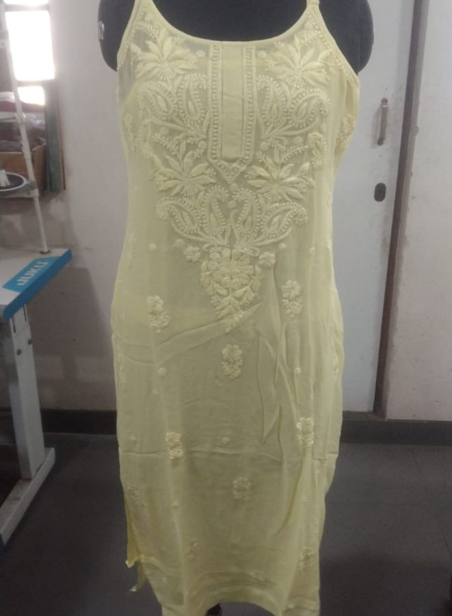 Lemon Yellow Sleeveless Embroidered Kurti