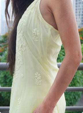 Lemon Yellow Sleeveless Embroidered Kurti