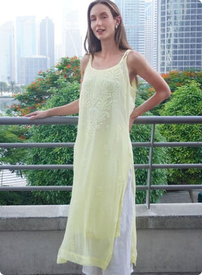 Lemon Yellow Sleeveless Embroidered Kurti