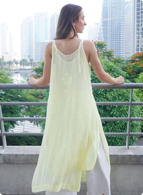 Lemon Yellow Sleeveless Embroidered Kurti
