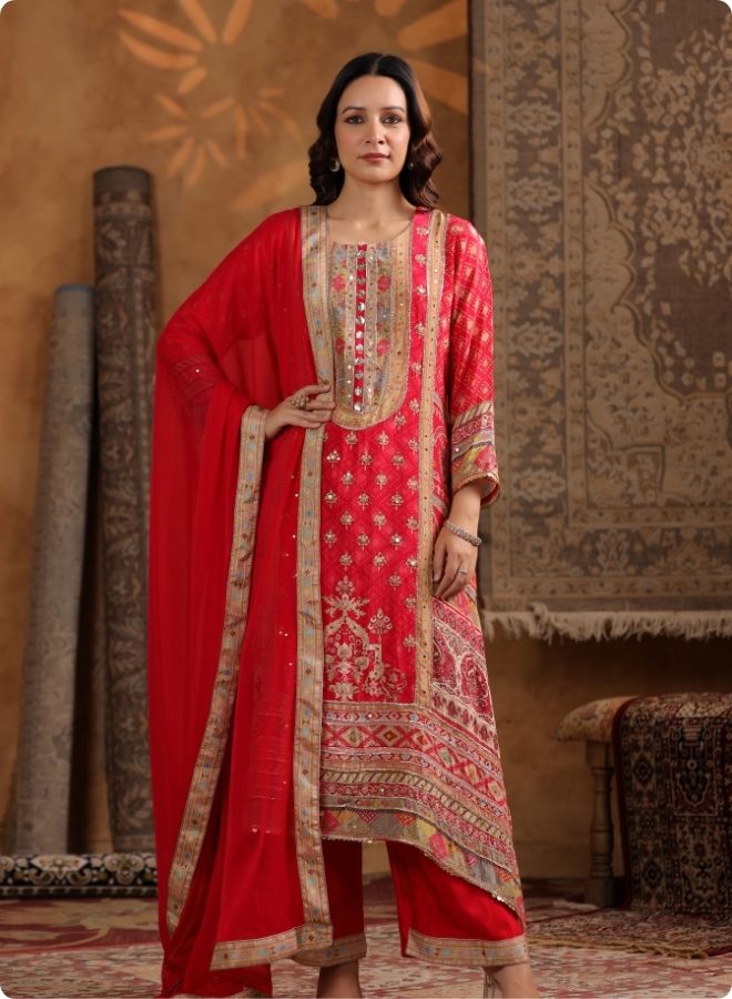 Red Embroidered Festive Suit Set