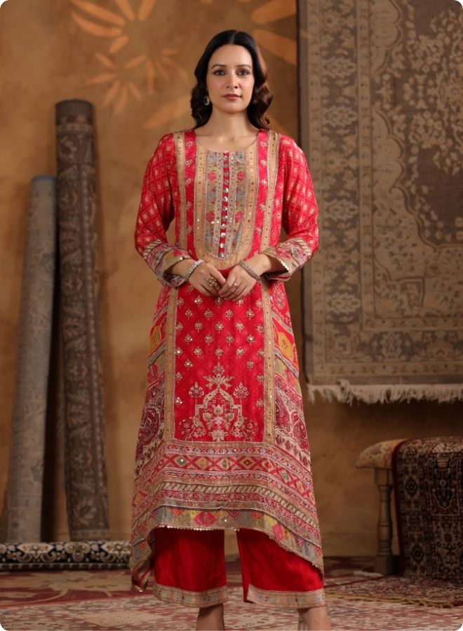 Red Embroidered Festive Suit Set
