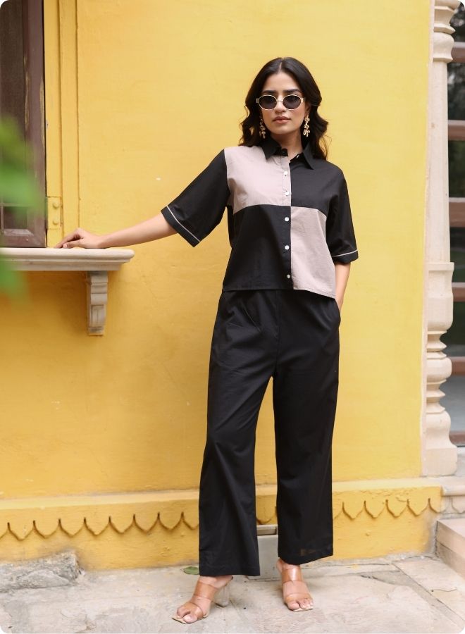 Chic Black & Beige Colorblock Co-ord Set