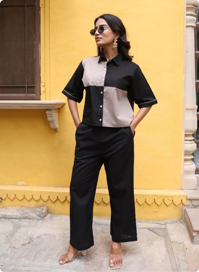 Chic Black & Beige Colorblock Co-ord Set