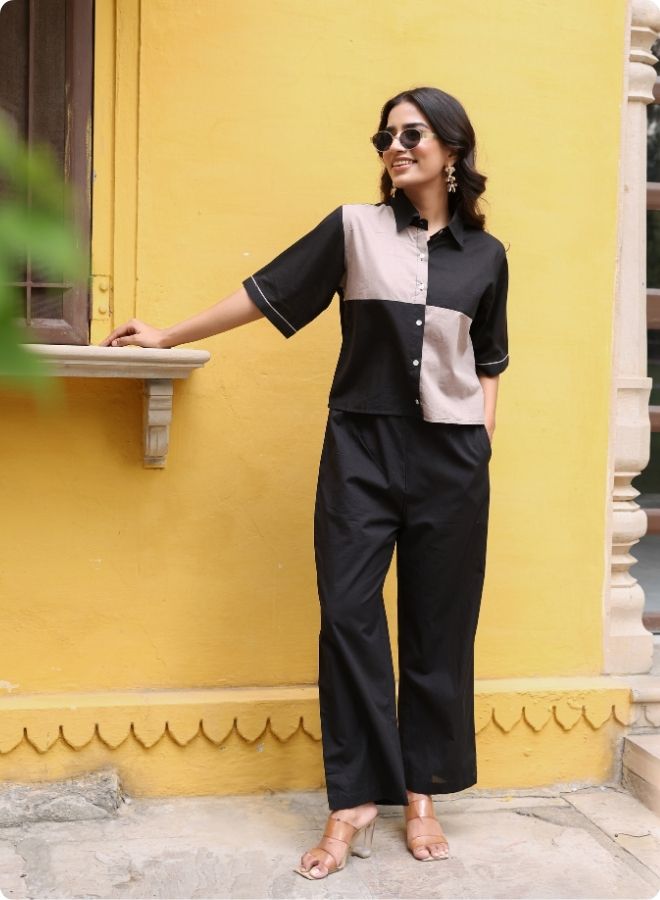Chic Black & Beige Colorblock Co-ord Set