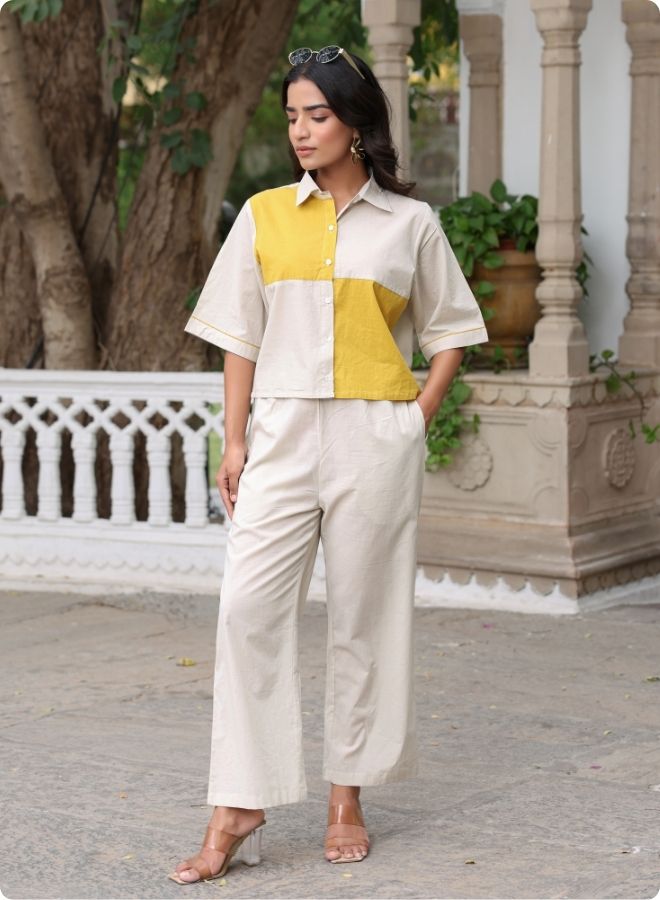 Beige & Mustard Colorblock Co-ord Set