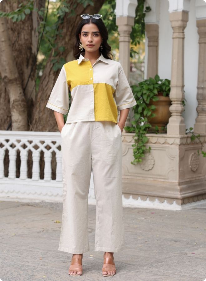 Beige & Mustard Colorblock Co-ord Set