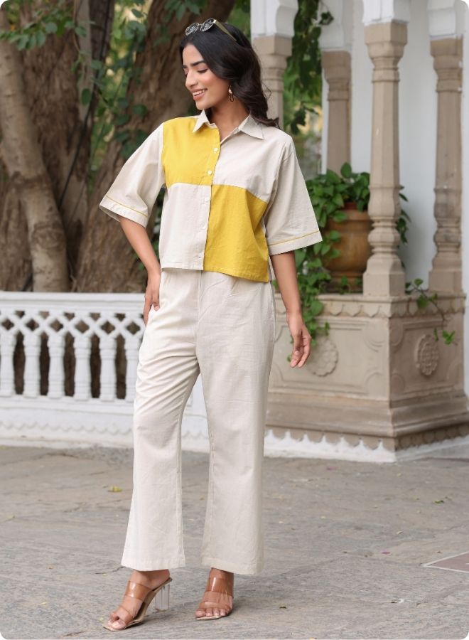 Beige & Mustard Colorblock Co-ord Set