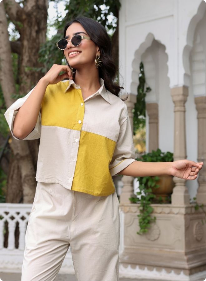 Beige & Mustard Colorblock Co-ord Set