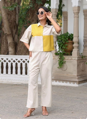 Beige & Mustard Colorblock Co-ord Set