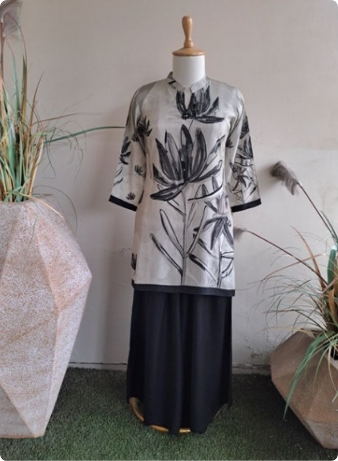 Beige & Black Botanical Kurta Set