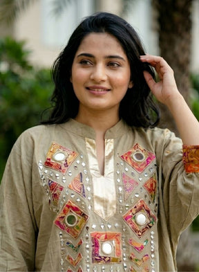 Beige Embroidered Kurta Pant Set for Women