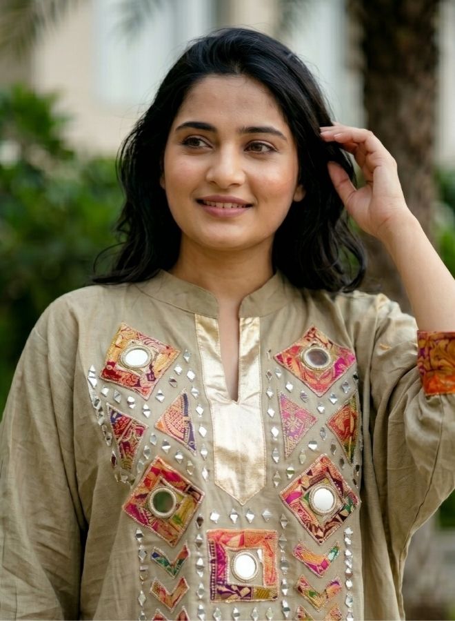 Beige Embroidered Kurta Pant Set for Women