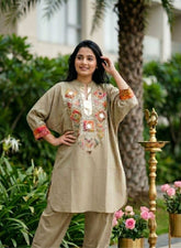 Beige Embroidered Kurta Pant Set for Women